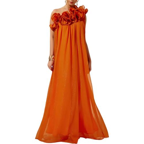 Size L One Shoulder Ruffle Maxi Dress, Orange, Floor Length, Beach Party Evening Gown