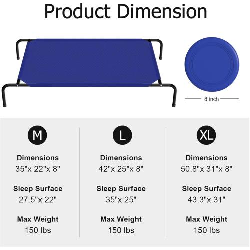 Size XL Color Blue Elevated Dog Bed,Extra Large Raised Pet Cot with Dog Flying Discs,Cooling Waterproof,Portable Indoor & Outdoor for Large Dogs with Washable Breathable Mesh