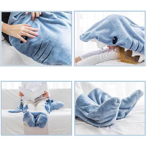 Size Medium Color Blue Shark Blanket Hoodie Onesie for Adult & Kid, Wearable Shark Sleeping Bag, Soft Cozy Onesie Costume