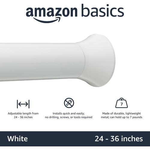 Amazon Basics No Drill Spring Tension Curtain Rod, Adjustable 24-36 Width, White, Classic Finial