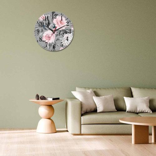 Mxocom Pink Flowers and Leaves Wall Clock Artistic Watercolor Rose Flower Grey Spring 10 Inch Silent Non Ticking Battery Operated Clock Vintage Round Clock for Living Room Bedroom Bathroom Decor