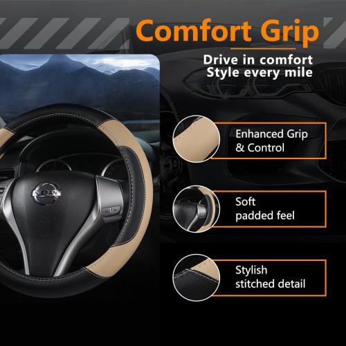 Leather Car Steering Wheel Cover, Universal Fit for Most Cars, Beige