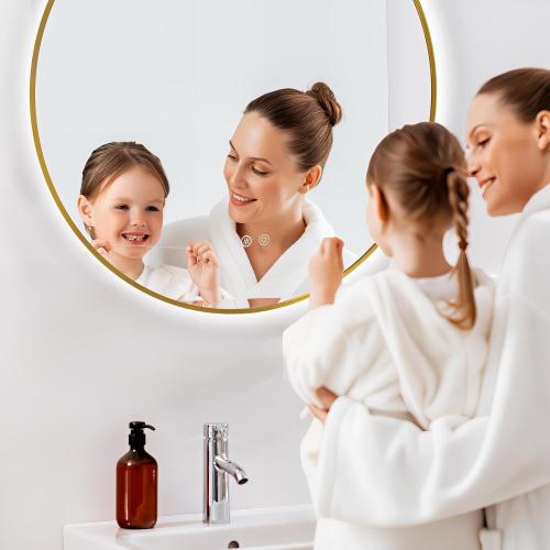 Niccy 36 Round LED Backlit Mirror with Lights, Gold Frame Anti-Fog Circle Mirror, Light Up 3 Color ShatterProof