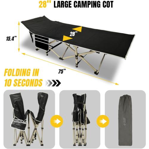 YELLOW JACKET Folding Camping Cot for Adults,600LBS Max Load,28 Wide Sleeping Cot with Removable Thick Mattress Portable Foldable Camping Bed with Carry Bag for Camp,Home,Office,Travel,Black