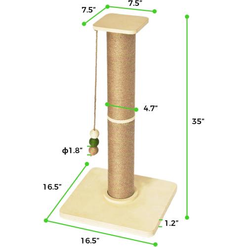 TINYBEAST Wooden Cat Scratching Post, Sturdy 35'' Tall Natural Sisal Cat Scratcher with Thick Solid Wood Base for Adult Cats Indoor, Jumbo Durable Stable Cat Scratcher Tower