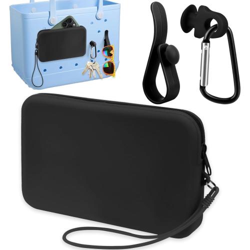 Silicone Phone Holder for Bogg Bag, Soft Silicone Insert Wallet Charm with 2 Pcs Key Holder for Bogg Bags Accessories, Attachment for Bogg Beach Bags Tote Bag Fits for iPhone Android Phones (Black)