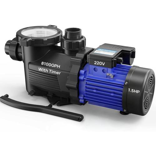 Aquastrong 1.5HP In/Above Ground Pool Pump with Timer, 220V, 8100GPH, High Flow, Powerful Self Primming Swimming Pool Pumps with Filter