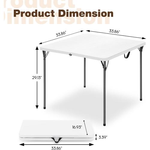 34 Square Folding Table for 4 Person, 330lbs Weight Capacity Foldable Table with HDPE Tabletop & Heavy-Duty Steel Legs, Large Portable Picnic Table for Indoor Outdoor Parties, Camping, White