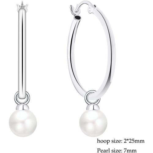JO WISDOM 925 Sterling Silver Hoop Earrings with Simulated Danlge Pearl(white/Black)