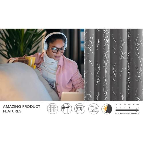 Deconovo Blackout Curtains 84 Inches Long, Light Gray Drapes for Living Room, Branch Silver Print, Soundproof Thermal Insulated Privacy Window Curtain for Bedroom Nursery, Set of 2, Machine Washable