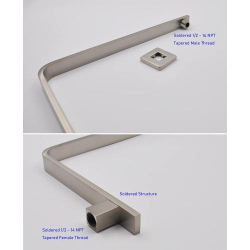 High Rise Shower Arm and Flange, 16 inch, Solid Brass, Square, PVD Brushed Nickel, Gooseneck Raised Shower Head Arm, Wall Shower Head Extension Arm, Both Soldered 1/2 NPT Tapered Threads