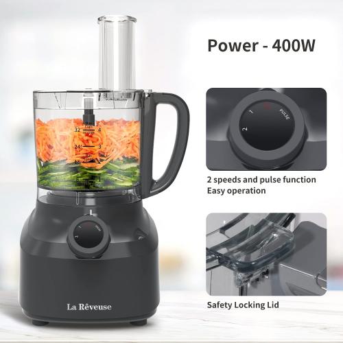 Grey La Reveuse 4-Cup Food Processor Vegetable Chopper for Slicing,Shredding,Grating,Juicing,Emulsfying,Mixing,400 Watts