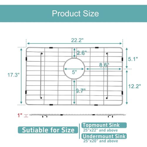 Stainless Kitchen Sink Protector - S304 Sink Grids for Bottom of Kitchen Sink, 23 x 18 with Rear Drain for Single Bowl Kitchen Sink with Corner Radius