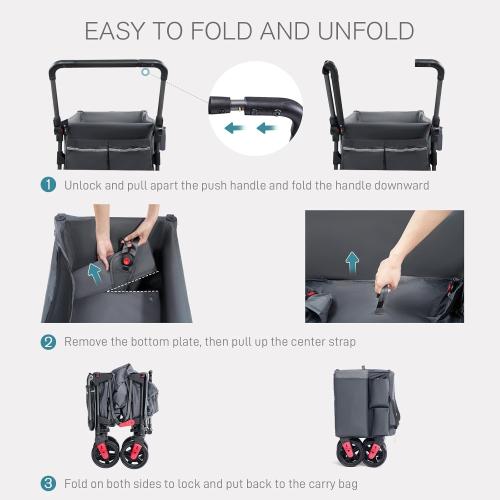 EVER ADVANCED Wagon Stroller for 2 Kids, Compact One-Step Fold Stroller Wagon with Adjustable Push/Pull Handles, Folding Wagon for Travel, Park & Beach, Includes Removable UV Canopy, Grey