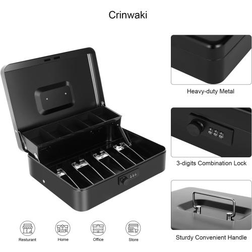 Cash Box with Money Tray and Combination Lock, Large Money Box for Cash Regiser, Safe Lock Box for Money Saving Metal 11.8x9.45x3.54 Black XL Large