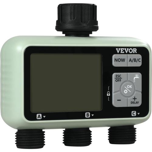 VEVOR Water Timer, 3 Outlets, Hose Watering Sprinkler Timer, with 3 Independent Watering Zone LCD Display Rain Delay Mode Manual Mode 360° Brass Inlet Metal Filter, IPX6 Waterproof for Yard Watering