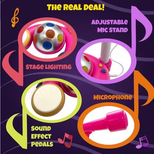 Karaoke Machine with Stand, Sing Along Microphone for Kids, Musical Toy with Flashing Stage Lights and Pedals for Fun Sound Effects, Pink