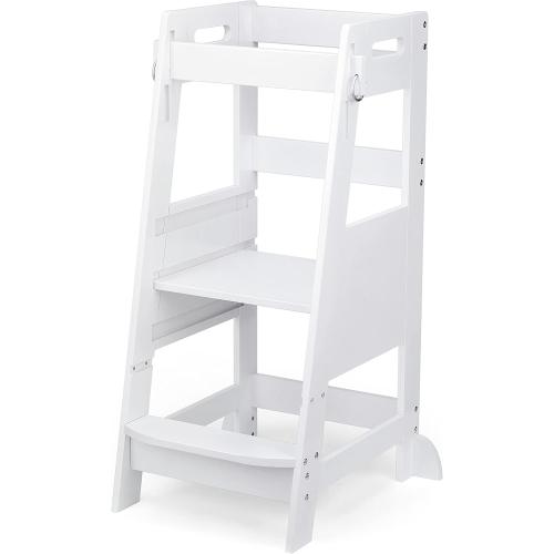 TOETOL Bamboo Toddler Kitchen Step Stool White Helper Standing Tower Height Adjustable with Anti-Slip Protection for Kids Kitchen Counter Learning