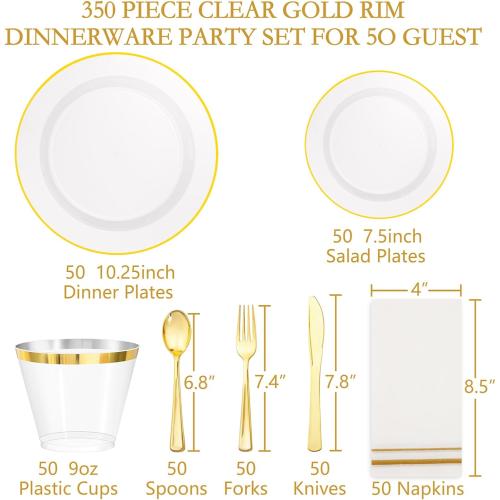 SUT 350Pcs Plastic Dinnerware Set for 50 Guests, Clear and Gold Plastic Plates, Disposable Plates and Napkins Party Supplies, Gold Silverware, Plates, Cups and Napkins Sets for Party Weddings