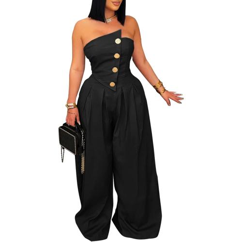 MEDIUM DINGANG Elegant Strapless Jumpsuit for Womens Dressy Off Shoulder Tube Top Button Wide Leg Romper
