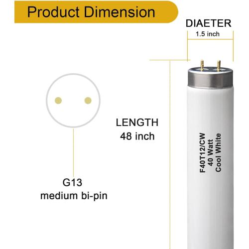 (6 Pack) F40T12 48 inch luorescent Bulbs,T12 4 Foot Linear Fluorescent Tube,40 watts,2600 lumens,4100K Cool White,Replacement Tubes for Sylvania 21371 F40CWX,Philips 423129 F40T12/CW