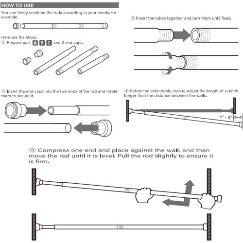 Shower Curtain Rod, Stainless Steel, No Drilling & Rust, Anti-Slip, Adjustable Tension Spring Pole, Extendable Telescopic Rail for Closet, Bathroom, Windows or Doorways (26-65inches)
