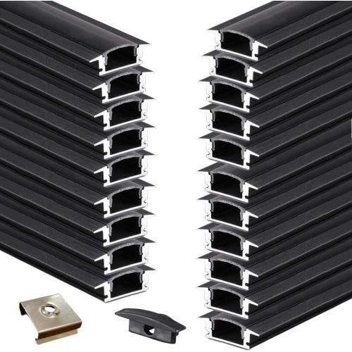 20-Pack 3.3FT/1M LED Strip Aluminum Channel Diffuser,Collar Shape Tape Light Under Cabinet Floating Shelf Alcove Recessed 17X7MM Matte Black Anodized Track, PC Black Cover Concave Slot Profile