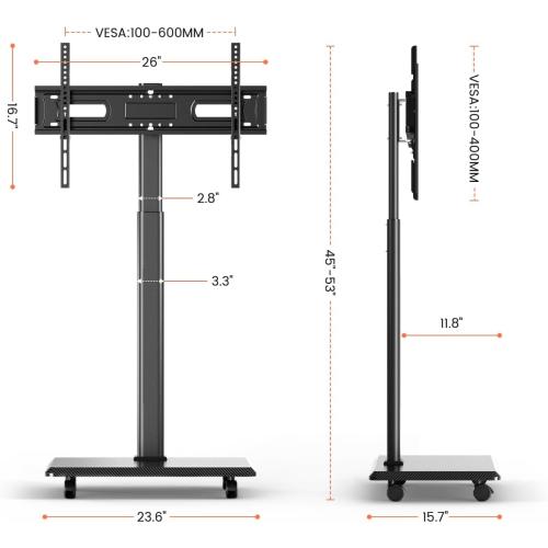 Mobile TV Cart Rolling TV Stand for 26-70 inch Screens, Mobile TV Cart Holds up to 88lbs, 25° Swivel with 6 Levels of Height Adjustment for Optimal Viewing, TV Stands for Office,Room, Outdoor,Corner