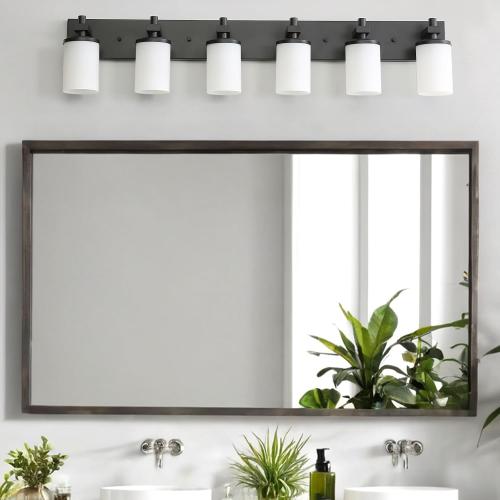 LOUSACE Bathroom Lighting Fixture Over Mirror, 6 Light Bathroom Vanity Lights Matte Black with Opal White Glass Shades, E26 Bulb Base, Wall Sconces Vanity Lighting Fixtures for Bathroom Living Room