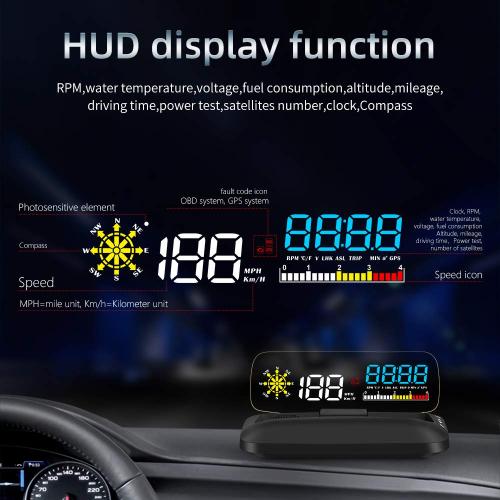 Car HUD C5, Head-Up Display, OBDII & GPS Scanner, Vehicle Speed, Fuel Consumption, Clear Fault Code, Compatible with All Cars