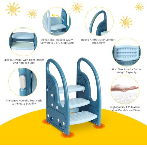 Toddler Step Stool Chair Onasti Kids 3 Step Standing Tower for Toddlers Plastic Learning Helper Stool for Kitchen Counter Bathroom Sink Toilet Potty Training with Handles and Non-Slip Pads-Blue