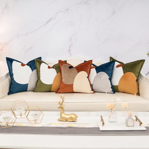 Yangest Dark Orange Decorative Velvet Throw Pillow Cover with Cloth Texture Patchwork Cushion Case Modern 20x20 Inch Pillowcase for Sofa Couch Bedroom Living Room Home Decor