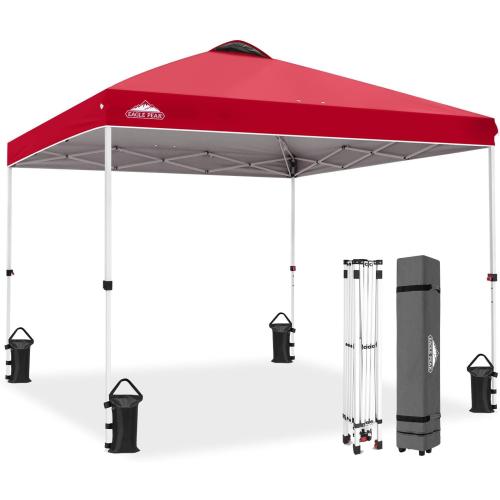 EAGLE PEAK Pop Up Canopy Tent with Wheeled Carry Bag, 8 Stakes, 4 Ropes, 4 Weight Bags, Easy Set Up Tent Canopy, 10x10 ft, 100sqft of Shade, Red