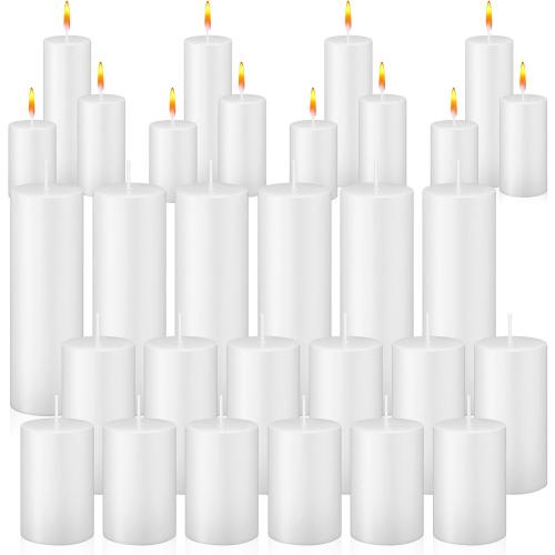 White MTLEE 36 Pcs Pillar Candles Bulk Unscented Candle Set 38 Hour Long Burning Dripless for Dinner Emergency Wedding Spa Party(3 Sizes,White)