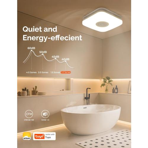 Orison Bathroom Exhaust Fan with Bluetooth Speaker, 110 CFM 1.0 Sone, bathroom vent fan featuring Light with 3 Color Temperatures, RGB Music Light, Nightlight, Remote Control, EZ Install