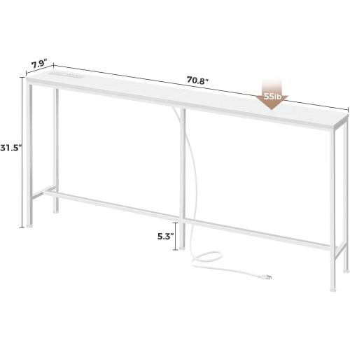 SUPERJARE 70 Inch Console Table with Outlet, Sofa Table with Charging Station, Narrow Entryway Table, Skinny Hallway Table, Behind Couch Table, for Living Room, White