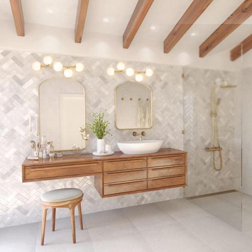 Bathroom Vanity Lights, 5-Light Bathroom Light Fixtures, Mid Century Modern Brass Bathroom Light Ceiling Light, Wall Sconces Semi-Flush Mount Light Fixture with Milk Globe Glass, Brass Gold, G9 Base