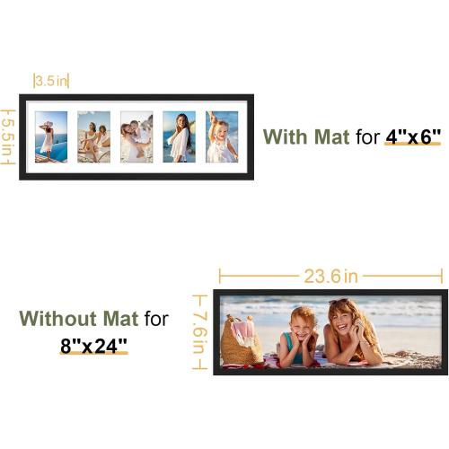 Vittanly 8x24 Collage Picture Frame, Displays 5Pcs 4x6 Pictures with Mat, Picture Frames Collage Wall Decor for Horizontal or Vertical Display, Black, 1 Pack