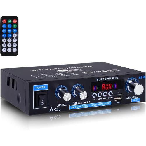 AK35 200W Stereo Audio Amplifier Bluetooth 5.0, 2.0 Channel Mini Amplifier Stereo Receivers with Bass & Treble Control,Home Amplifier w/AUX, USB, SD Card Input,Remote Control