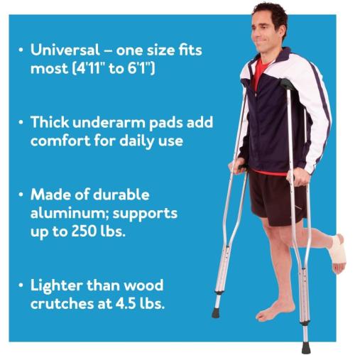 Carex Folding Aluminum Under Arm Crutches for Adults 4'11 to 6'1, 2 Lightweight Crutches Included, Universal for Walking, Walking Aid for Kids, Adults & Seniors, Includes Padded Underarm Cushions