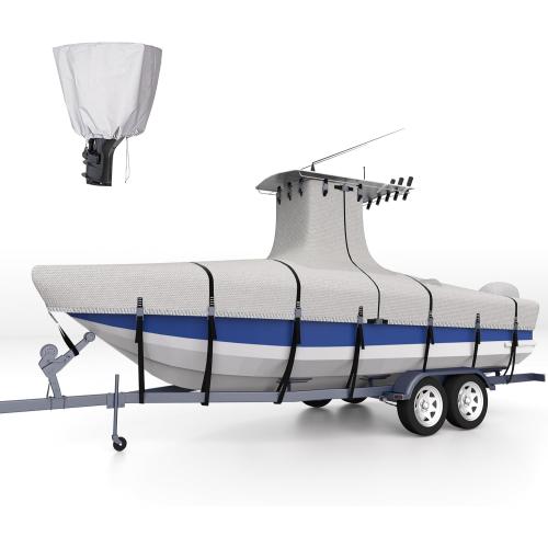 Heavy Duty Ture 900D T-Top Boat Cover 22ft - 24ft with Motor Cover, 100% Waterproof Solution-Dyed Center Console Boat with T Top Roof 22-24 Foot with Upgraded 19 Windproof Straps