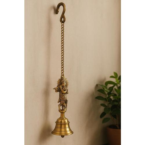 Nams Indian Handicraft Pure Brass Lord Krishna Bell for Home Temple, Mandir Pooja Room Auspicious Décor Traditional Hanging Bell for Positive Vibes & Spiritual Ambience (68.5 x 8.5 cm)