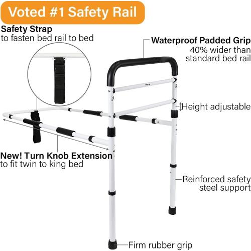 FSA/HSA Eligible, Vaunn Medical New Adjustable Bed Assist Rail Handle (Passed ASTM F3186–17 Safety Standard) and Hand Guard Grab Bar, Bedside Safety and Stability (Tool-Free Assembly), White/Black