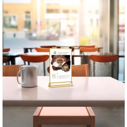 Acrylic Sign Holders 5x7” with 5 Stickers, Double Sided Clear Display Stand, Gold Tabletop Picture Frame, Table Menu Holder Display Stand for Wedding Number (Gold, 5 Pack 5x7 Inch)