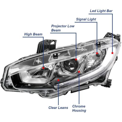 Headlight Assembly Fit for 2016-2021 Honda Civic,Halogen Headlamp w/LED DRL Chrome Housing Replacement Driver Passenger Side