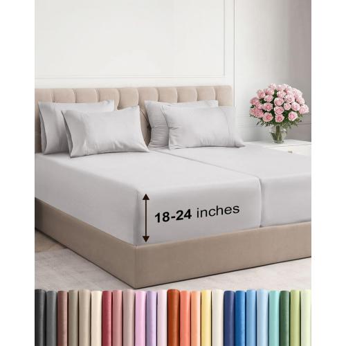 Extra Deep Split King Sheet Set - 7 Piece Breathable and Cooling Sheets - Hotel Luxury Bedding for Women, Men, Kids & Teens - Easy Secure Fit - Soft & Wrinkle Free - Extra Deep Pockets - French Grey