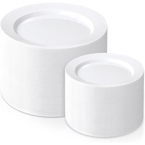 FLOWERCAT 200PCS White Plastic Plates Disposable Plates for Party - Heavy Duty Plastic Plates - 100 10 Dinner Plates and 100 7 Salad Plates for Weddings, Easter Parties and Events