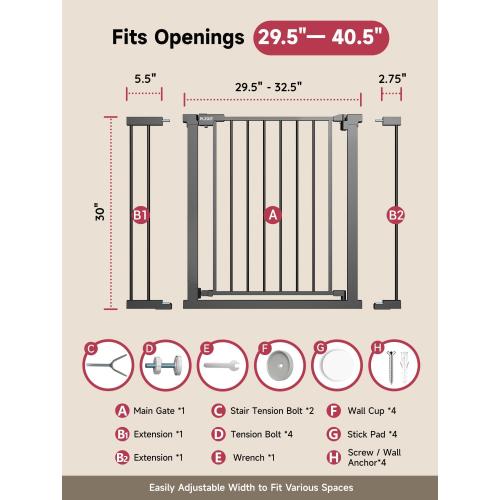 29.5-40.5 Baby Gate for Stairs, Dog Gate for Doorways, Walk Thru Auto Close Metal Baby Safety Gate for The House, Stairs and Doorways, Child Gate Pressure Mounted, Pet Gate for Dog Indoor - Black