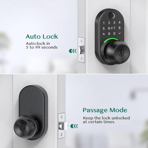 Keypad Smart Door Lock with Knob, Yamiry Keyless Entry Digital Lock with Handle, Fingerprint Electronic Knob for Front Door, Generate Passcode Remotely, Easy Installation