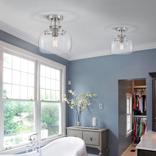 WUZUPS Chandelier Rustic Farmhouse Industrial Round Semi-flushmount Ceiling LED Light Fixture with Clear Glass Shades for Bathroom Kitchen Foyer Entryway, H 10 x W 10, E26 Base, Brushed Nickel